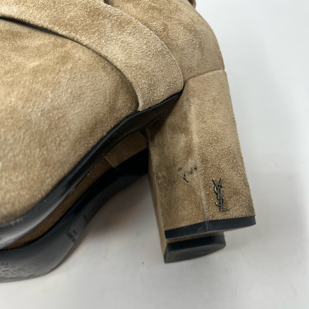 Saint Laurent Babies 90 Cross Ankle Boot Tan /Taupe Suede Block Heel YSL logo 37 - Picture 8 of 10